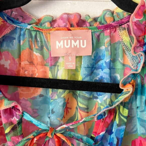 SHOW ME YOUR MUMU Viola Tiered Poet Slv Flowy Mini Dress Bright Floral Soiree S - Picture 4 of 5